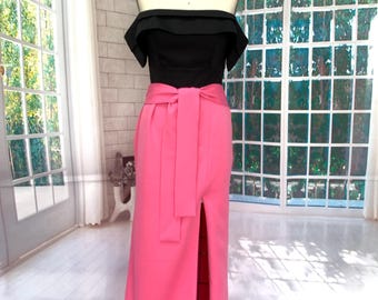 Black and Pink Off Shoulder Gown, Waist Bow Prom Dress, High Slit Evening Dress