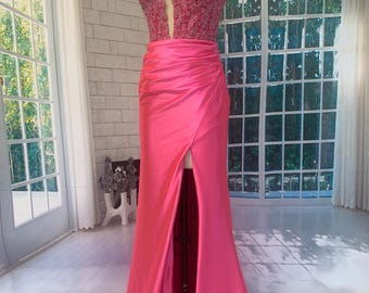 Handmade Fuchsia Beaded Sweetheart Neckline Gown with High Slit corset dress