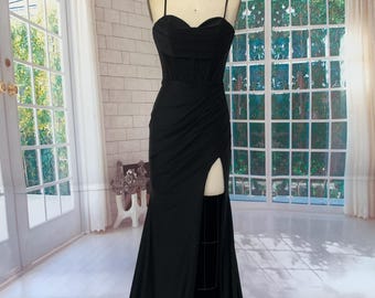 Handmade Black Spaghetti Strap Evening Gown with Slit and Lace-Up Back