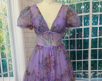 Handmade Purple Floral Puff Sleeve Dress with Lace-Up Back and Ruffle Hem