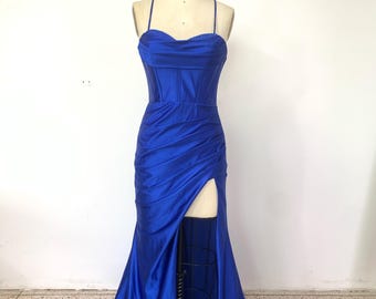 Handmade Blue High-Slit Gown – Crisscross Lace-Up Corset Dress