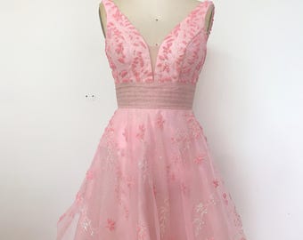 Handmade Pink Tulle Mini Dress – Embroidered Deep V-Neck, Sparkling Party Dress