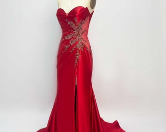 Ruby Red Mermaid Prom Dress, Crystal Beaded Sweetheart Corset Gown, Custom Formal Dress