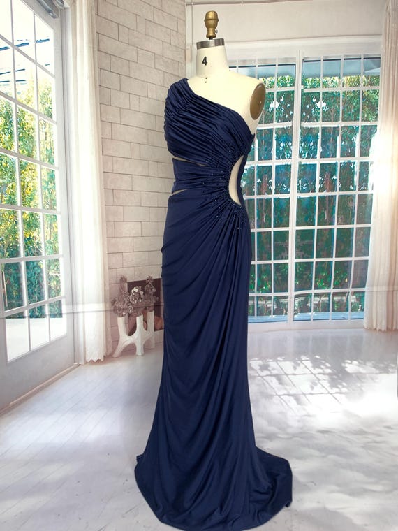 Handmade Navy Blue One-shoulder Cutout Evening Gown - Etsy