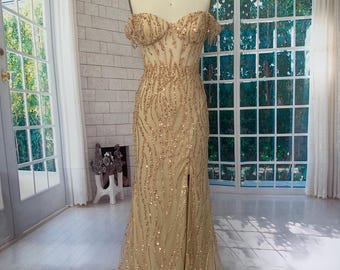 Handmade Gold Sequined Off-Shoulder Gown with Slit corset dress