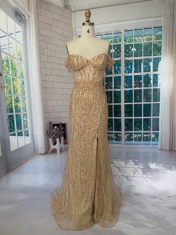 gold sequin formal dress australia off Shoulder Gown, Sheer Bodice With Front Slit cushioned