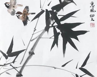 Hand-Painted Traditional Chinese Bamboo and Sparrow Ink Painting - Oriental Nature Wall Decor