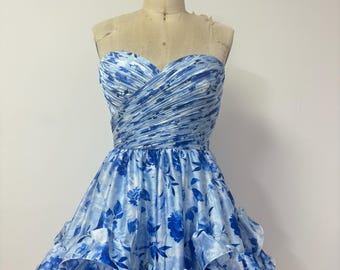 Handmade Blue Floral Ruffled Mini Dress