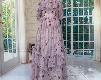 Handmade Floral Off-Shoulder Maxi Dress with Ruffle Layers