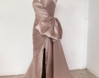 Handmade Elegant Satin Strapless Evening Gown with Dramatic Bow and Side Slit corset dress
