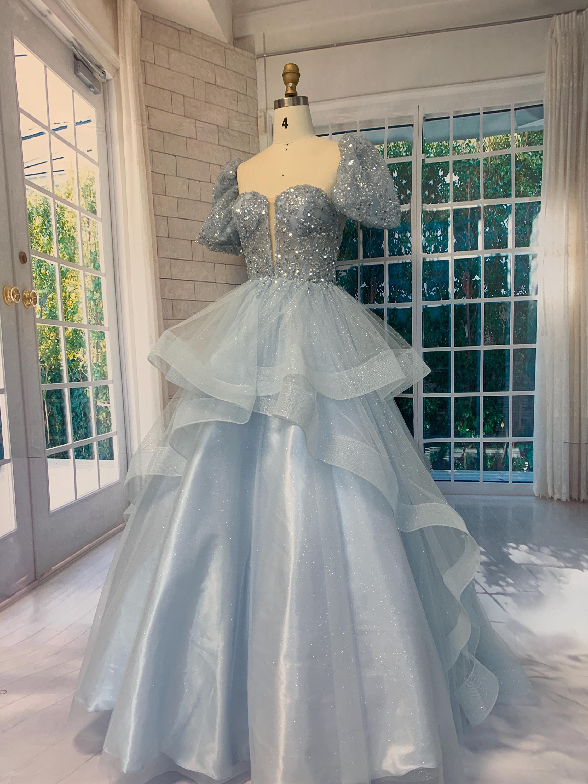 3D Floral Blue Ball Gown with Flare Sleeves main image 1