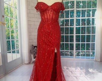 Handmade Red Beaded Off-Shoulder Gown with High Slit corset dress