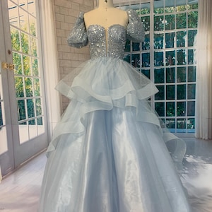 Handmade Sparkling Blue Ball Gown with Puff Sleeves and Layered Tulle Skirt corset dress