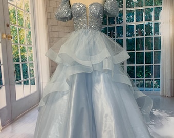 Handmade Sparkling Blue Ball Gown with Puff Sleeves and Layered Tulle Skirt corset dress