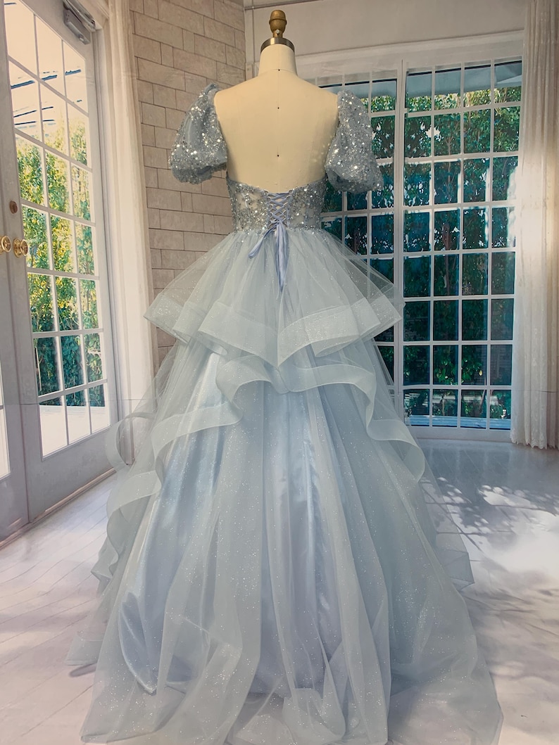Handmade Sparkling Blue Ball Gown With Puff Sleeves and Layered Tulle ...