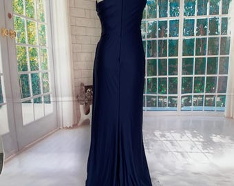 Handmade Navy Blue One-Shoulder Cutout Evening Gown
