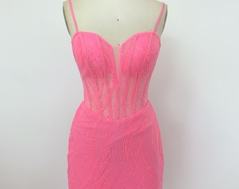 Handmade Pink Sheer Mini Dress - Lace-Up Back, Party Night