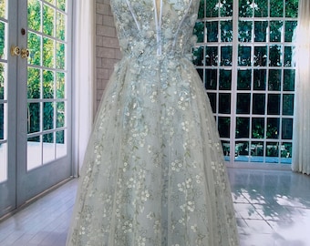Light Blue Floral Lace Gown, Off Shoulder Prom Dress, Elegant Tulle Evening Dress