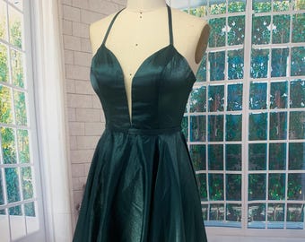 Handmade Dark Green Halter Mini Dress with Lace-Up Back and Satin Finish