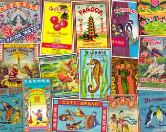 Etiquetas de fogos de artifício asiáticos Ephemera | Enfeite de ephemera gráfica retrô de Xangai antigo Colagem de mídia mista | DOWNLOAD DIGITAL