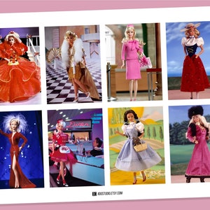 May include: A collage of eight different Barbie dolls wearing various outfits. The dolls are posed in different settings, including a staircase, a diner, and a field. The dolls are all wearing different outfits, including a red dress, a pink suit, and a blue gingham dress.