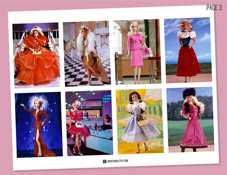 May include: A collage of eight different Barbie dolls wearing various outfits. The dolls are posed in different settings, including a staircase, a diner, and a field. The dolls are all wearing different outfits, including a red dress, a pink suit, and a blue gingham dress.