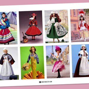 May include: A collection of eight Barbie dolls dressed in different cultural costumes. The dolls are wearing traditional clothing from various countries, including a red and blue dress with a shawl, a red dress with a cowboy hat, a green dress with lace, a red and white uniform, a blue and white dress with a white apron, a yellow jumpsuit with a straw hat, a pink dress with a white lace trim, and a brown dress with a white apron and a basket.