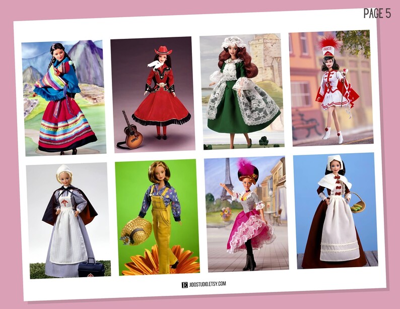 May include: A collection of eight Barbie dolls dressed in different cultural costumes. The dolls are wearing traditional clothing from various countries, including a red and blue dress with a shawl, a red dress with a cowboy hat, a green dress with lace, a red and white uniform, a blue and white dress with a white apron, a yellow jumpsuit with a straw hat, a pink dress with a white lace trim, and a brown dress with a white apron and a basket.
