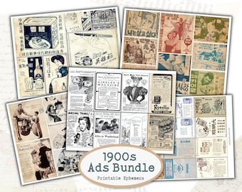 Retro Ads Printable Bundle, 1900s Vintage Newspaper Clippings Collage Sheets (Digital Download)