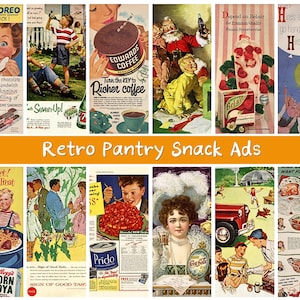 Retro skafferi-snacksannonser – Minikort för vintage-matreklam (digital nedladdning)