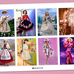 May include: A collage of eight different Barbie dolls in various outfits and settings. The dolls are wearing a variety of clothing, including a red and white polka dot dress, a blue and white gown, and a pink and white dress. The dolls are also in different settings, including a kitchen, a bedroom, and a garden.
