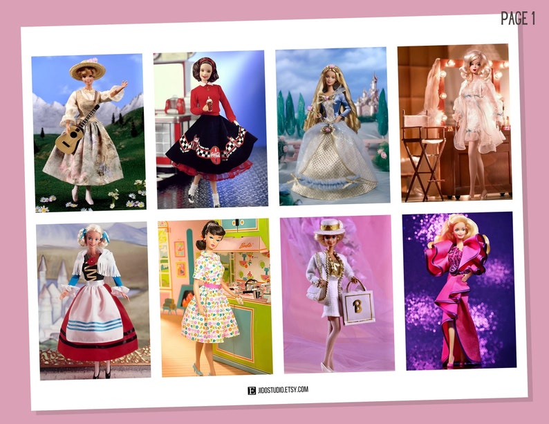 May include: A collage of eight different Barbie dolls in various outfits and settings. The dolls are wearing a variety of clothing, including a red and white polka dot dress, a blue and white gown, and a pink and white dress. The dolls are also in different settings, including a kitchen, a bedroom, and a garden.