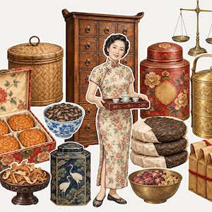 Puede incluir: Una colección de artículos que incluye a una persona con un cheongsam floral sosteniendo una bandeja de té, un gabinete de boticario de madera, una balanza de latón, una cesta tejida, una caja roja floral con pasteles de luna y latas de té.