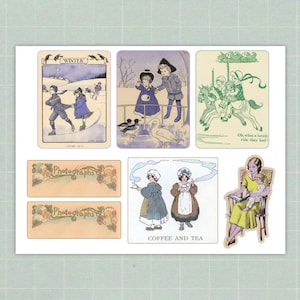 Op de afbeelding: Een verzameling vintage-stijl ephemera met illustraties. De afbeeldingen tonen kinderen die schaatsen, figuren in winterkleding, een carrouselsc&egrave;ne en een vrouw die een baby vasthoudt. Er zijn ook labels met de woorden "Photographs" en "Coffee and Tea".