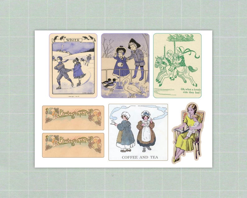 Op de afbeelding: Een verzameling vintage-stijl ephemera met illustraties. De afbeeldingen tonen kinderen die schaatsen, figuren in winterkleding, een carrouselsc&egrave;ne en een vrouw die een baby vasthoudt. Er zijn ook labels met de woorden "Photographs" en "Coffee and Tea".