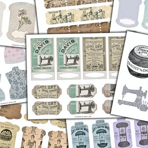 May include: A collection of vintage-style paper ephemera featuring sewing machines, spools of thread, and floral and portrait illustrations. The color palette includes soft blues, greens, and sepia tones, perfect for crafting and scrapbooking projects.