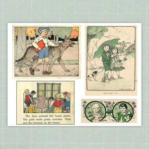 Op de afbeelding: Een verzameling vintage illustraties met kinderen en dieren. E&eacute;n afbeelding toont een jongen met een wolf, een andere kinderen onder een paraplu, en een derde kinderen die aan het schilderen zijn. De tekst luidt: "The boys painted the boxes green."