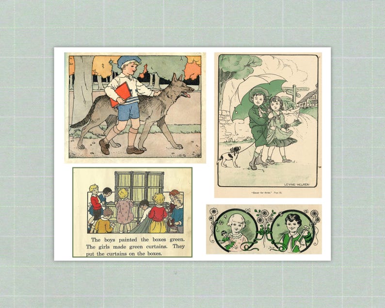 Op de afbeelding: Een verzameling vintage illustraties met kinderen en dieren. E&eacute;n afbeelding toont een jongen met een wolf, een andere kinderen onder een paraplu, en een derde kinderen die aan het schilderen zijn. De tekst luidt: "The boys painted the boxes green."