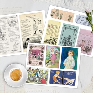 Op de afbeelding: Een verzameling vintage ephemera, waaronder ge&iuml;llustreerde pagina's uit boeken, labels en een kopje koffie. De pagina's bevatten illustraties en tekst voor kinderen, met een zachte, verouderde uitstraling. Het kleurenpalet omvat gedempte tinten beige, blauw en roze.