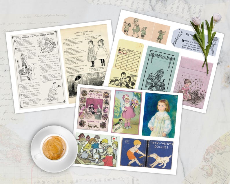 Op de afbeelding: Een verzameling vintage ephemera, waaronder ge&iuml;llustreerde pagina's uit boeken, labels en een kopje koffie. De pagina's bevatten illustraties en tekst voor kinderen, met een zachte, verouderde uitstraling. Het kleurenpalet omvat gedempte tinten beige, blauw en roze.