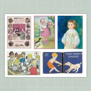 Op de afbeelding: Een collage van vintage illustraties met kinderen en boeken. Bevat een omslag van "Girl's Own Annual" en een boek getiteld "Teeny-Weeny's Doggies". De afbeeldingen hebben een zacht, pastelkleurig kleurenpalet, dat een gevoel van nostalgie en jeugd oproept.