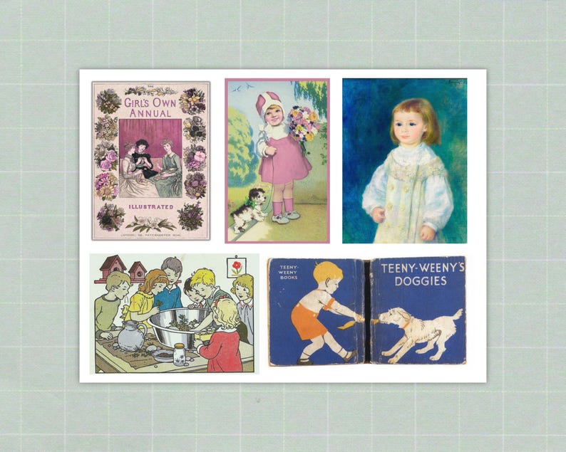 Op de afbeelding: Een collage van vintage illustraties met kinderen en boeken. Bevat een omslag van "Girl's Own Annual" en een boek getiteld "Teeny-Weeny's Doggies". De afbeeldingen hebben een zacht, pastelkleurig kleurenpalet, dat een gevoel van nostalgie en jeugd oproept.