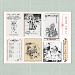 Op de afbeelding: Een collage van vintage illustraties en tekstelementen, waaronder de titel "Red Apple and Silver Bells" en de zin "Fairy Tales". De afbeeldingen zijn in zwart-wit, met een zachte, verouderde uitstraling.
