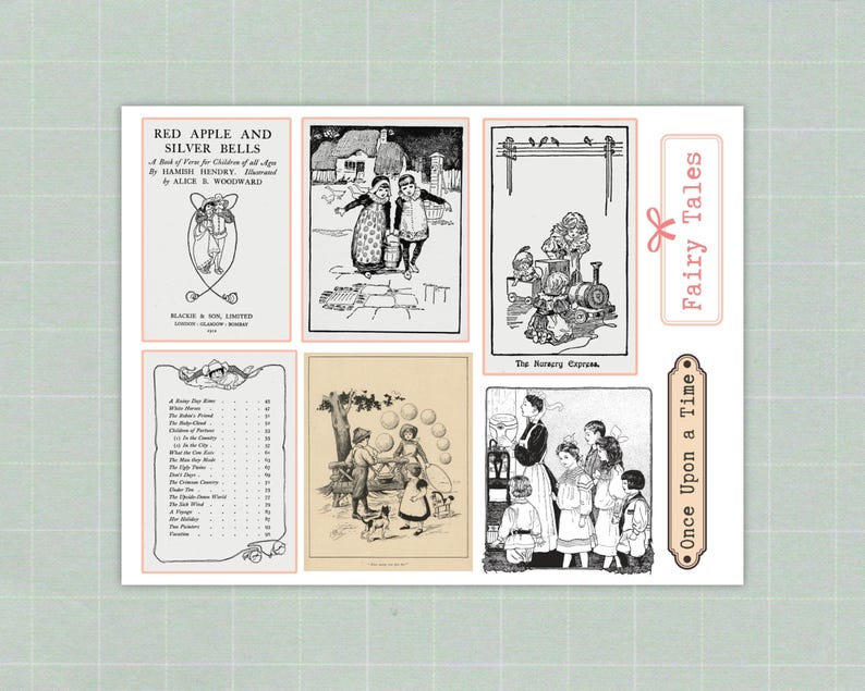 Op de afbeelding: Een collage van vintage illustraties en tekstelementen, waaronder de titel "Red Apple and Silver Bells" en de zin "Fairy Tales". De afbeeldingen zijn in zwart-wit, met een zachte, verouderde uitstraling.