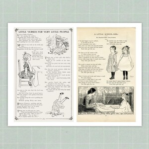 Op de afbeelding: Dubbele pagina uit een vintage kinderboek. De linkerpagina bevat een gedicht getiteld "Little Verses for Very Little People" met illustraties van kinderen. De rechterpagina toont het gedicht "A Little School-Girl" met tekeningen van meisjes.