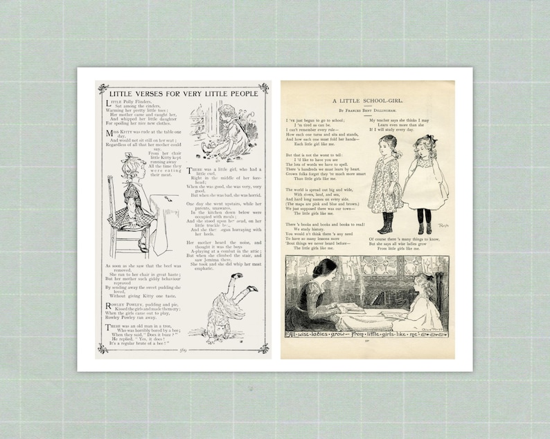 Op de afbeelding: Dubbele pagina uit een vintage kinderboek. De linkerpagina bevat een gedicht getiteld "Little Verses for Very Little People" met illustraties van kinderen. De rechterpagina toont het gedicht "A Little School-Girl" met tekeningen van meisjes.