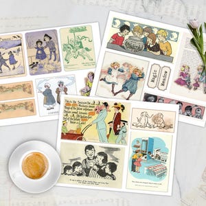 Op de afbeelding: Een verzameling vintage ephemera, waaronder ansichtkaarten en labels, met illustraties van kinderen, winters taferelen en advertenties. Een kopje koffie staat op de voorgrond. De tekst bevat "Magic Meadow" en "Photograph".