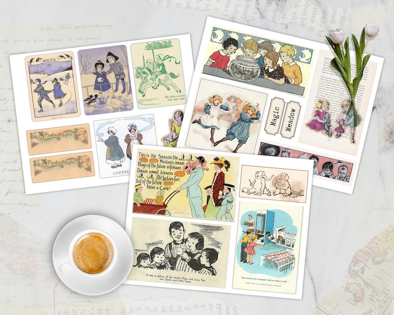 Op de afbeelding: Een verzameling vintage ephemera, waaronder ansichtkaarten en labels, met illustraties van kinderen, winters taferelen en advertenties. Een kopje koffie staat op de voorgrond. De tekst bevat "Magic Meadow" en "Photograph".