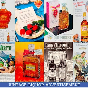 Anúncios de cerveja e uísque vintage com álcool, colagem para impressão | Enfeite de efêmeras de bebidas retrô, colagem de mídia mista | DOWNLOAD DIGITAL