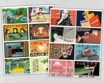 Vintage Japanese Matchbox Sticker Pack – Retro Label Ephemera for